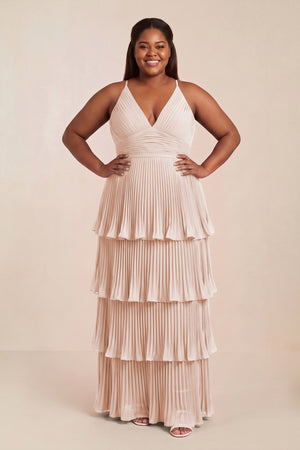 Pale Blush Tiered Pleated V-Neck A-Line Chiffon Bridesmaid Dress [sizeplus] | KISSBRIDAL