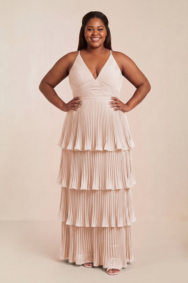 Pale Blush Tiered Pleated V-Neck A-Line Chiffon Bridesmaid Dress [sizeplus] | KISSBRIDAL
