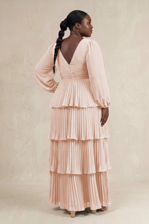 Pale Blush V-Neck Tiered A-Line Long Sleeve Bridesmaid Dress (2) [sizeplus] | KISSBRIDAL