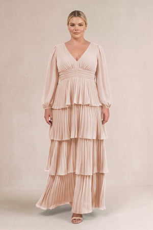 Pale Blush V-Neck Tiered A-Line Long Sleeve Bridesmaid Dress (3) [sizeplus] | KISSBRIDAL