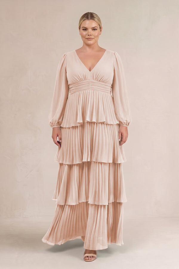 Pale Blush V-Neck Tiered A-Line Long Sleeve Bridesmaid Dress (3) [sizeplus] | KISSBRIDAL
