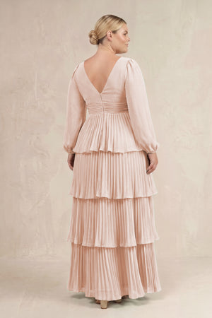Pale Blush V-Neck Tiered A-Line Long Sleeve Bridesmaid Dress (4) [sizeplus] | KISSBRIDAL