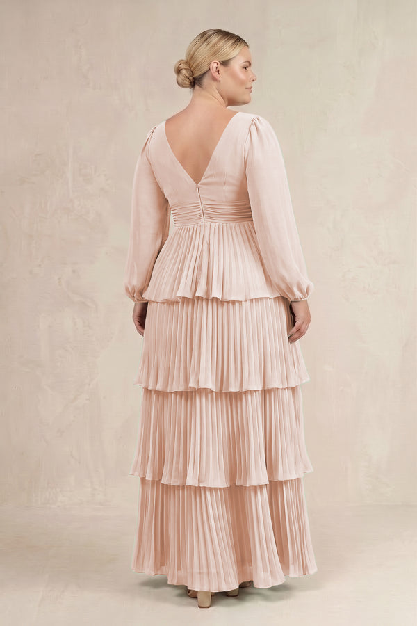 Pale Blush V-Neck Tiered A-Line Long Sleeve Bridesmaid Dress (4) [sizeplus] | KISSBRIDAL