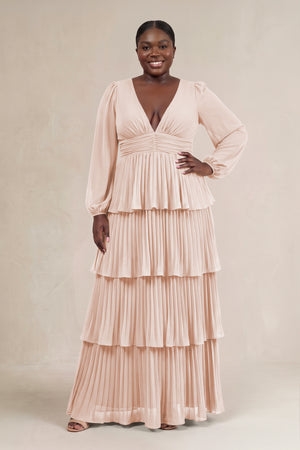 Pale Blush V-Neck Tiered A-Line Long Sleeve Bridesmaid Dress [sizeplus] | KISSBRIDAL