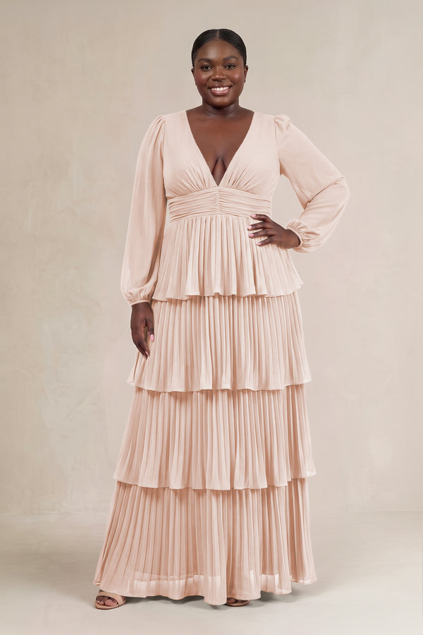 Pale Blush V-Neck Tiered A-Line Long Sleeve Bridesmaid Dress [sizeplus] | KISSBRIDAL