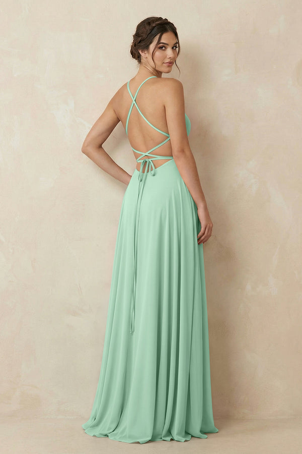 Pale Pistachio A-Line Chiffon Bridesmaid Dress With Slit (2) | KISSBRIDAL