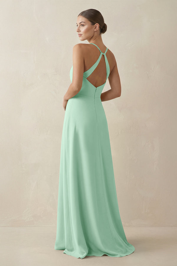 Pale Pistachio A-Line Chiffon Long Bridesmaid Dress With Slit (2) | KISSBRIDAL