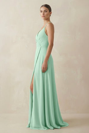 Pale Pistachio A-Line Chiffon Long Bridesmaid Dress With Slit (3) | KISSBRIDAL