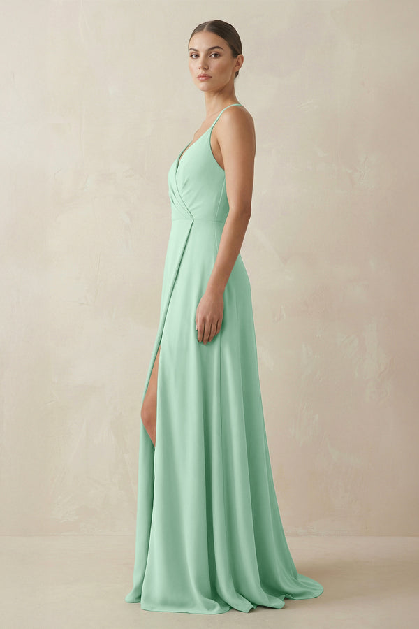 Pale Pistachio A-Line Chiffon Long Bridesmaid Dress With Slit (3) | KISSBRIDAL
