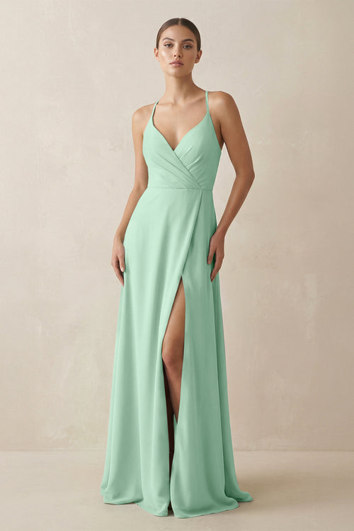 Pale Pistachio A-Line Chiffon Long Bridesmaid Dress With Slit | KISSBRIDAL