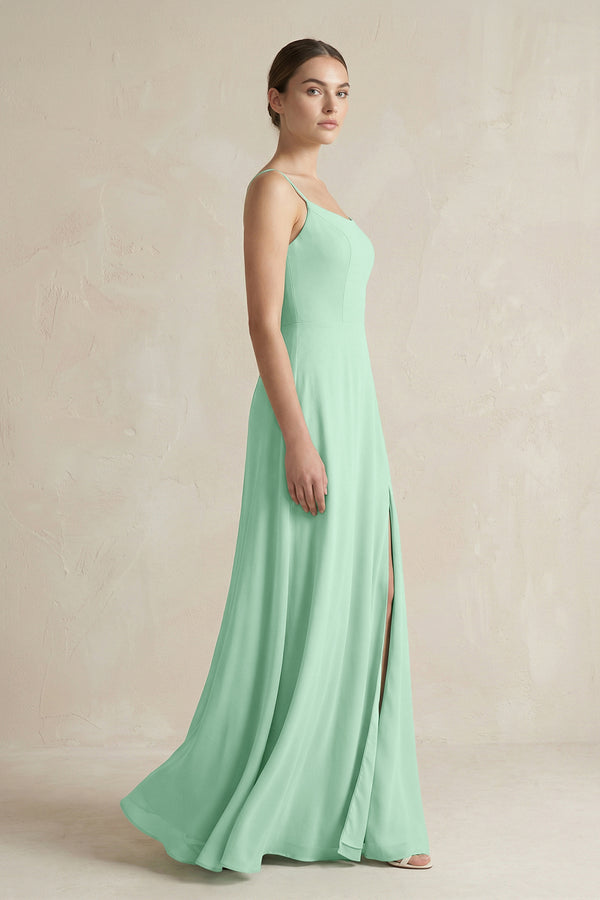 Pale Pistachio A-Line Chiffon Spaghetti Strap Bridesmaid Dress (3) | KISSBRIDAL