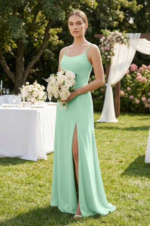 Pale Pistachio A-Line Chiffon Spaghetti Strap Bridesmaid Dress (4) | KISSBRIDAL