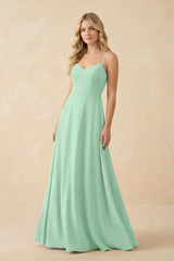 Pale Pistachio A-Line Chiffon Spaghetti Strap Bridesmaid Dress | KISSBRIDAL