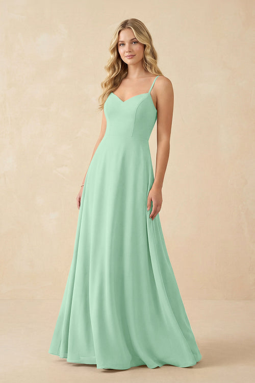 Pale Pistachio A-Line Chiffon Spaghetti Strap Bridesmaid Dress | KISSBRIDAL