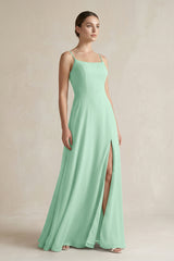 Pale Pistachio A-Line Chiffon Spaghetti Strap Bridesmaid Dress | KISSBRIDAL
