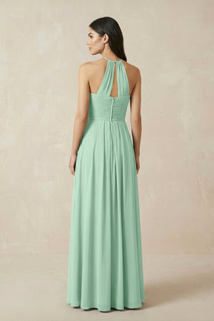 Pale Pistachio A-Line Halter Neck Pleated Chiffon Bridesmaid Dress (2) | KISSBRIDAL