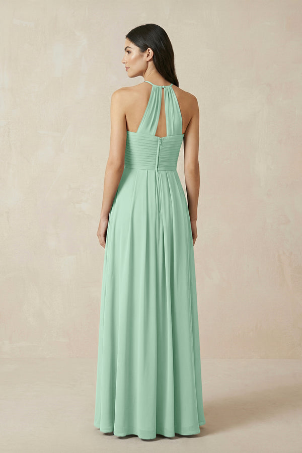 Pale Pistachio A-Line Halter Neck Pleated Chiffon Bridesmaid Dress (2) | KISSBRIDAL