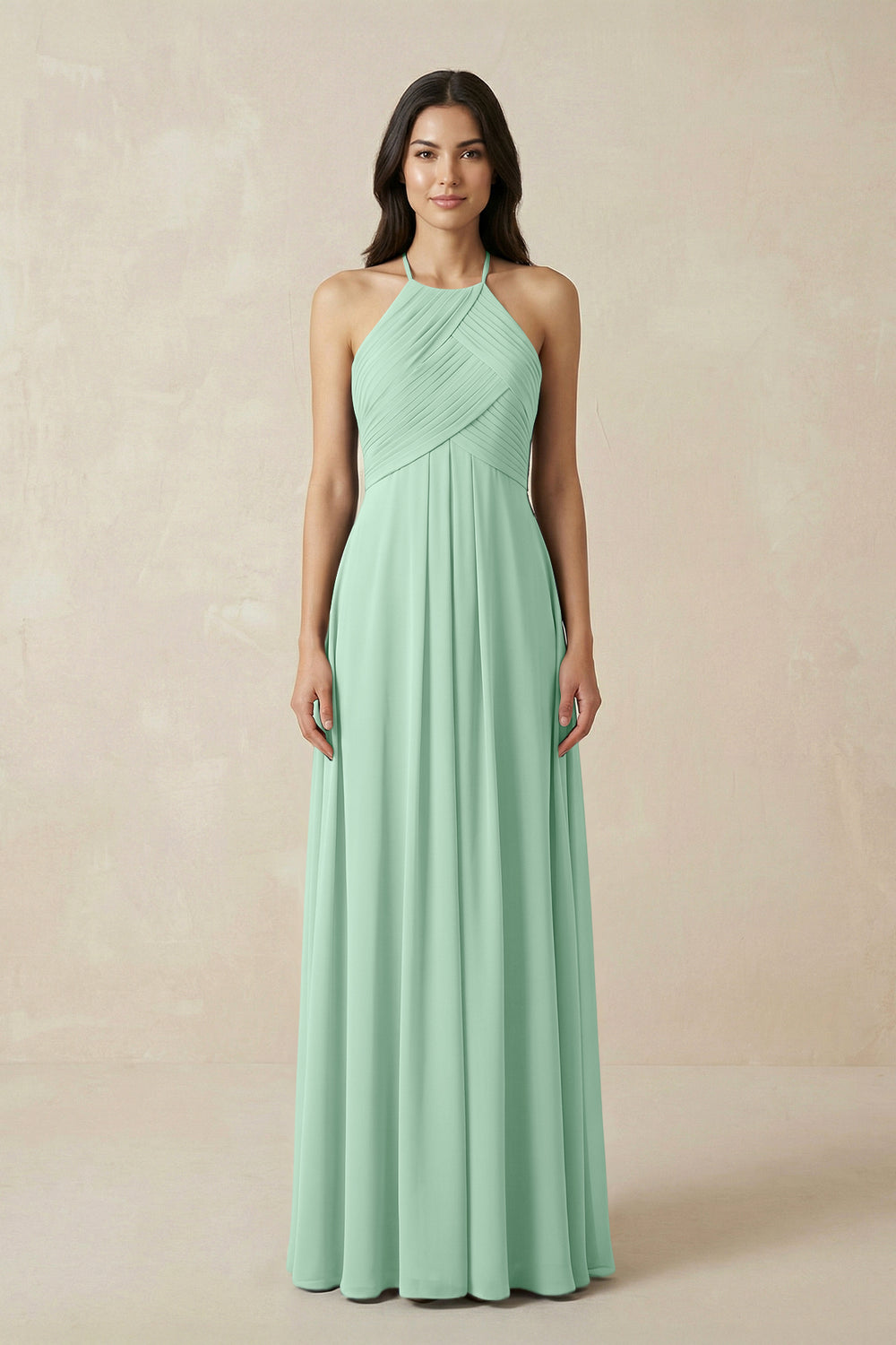 A-Line Halter Neck Pleated Chiffon Bridesmaid Dress in Pale Pistachio
