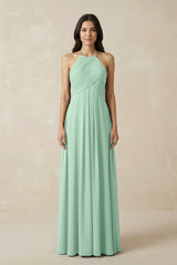 Pale Pistachio A-Line Halter Neck Pleated Chiffon Bridesmaid Dress | KISSBRIDAL