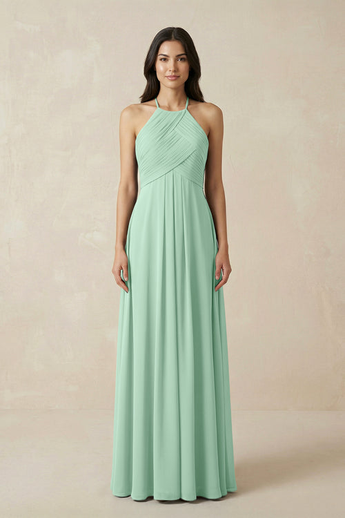 Pale Pistachio A-Line Halter Neck Pleated Chiffon Bridesmaid Dress | KISSBRIDAL
