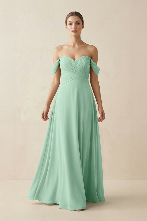 Pale Pistachio A-Line Off-the-Shoulder Chiffon Bridesmaid Dress | KISSBRIDAL