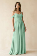 Pale Pistachio A-Line Off-the-Shoulder Pleated Chiffon Bridesmaid Dress | KISSBRIDAL