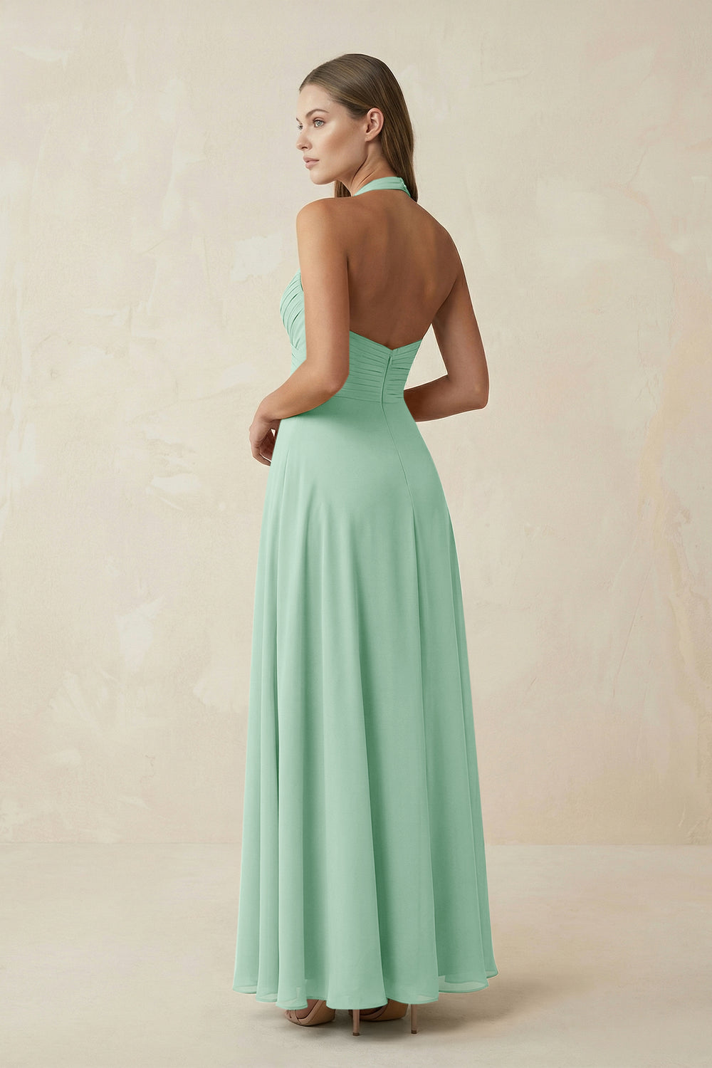 A-Line Pleated Chiffon V-Neck Bridesmaid Dress in Pale Pistachio