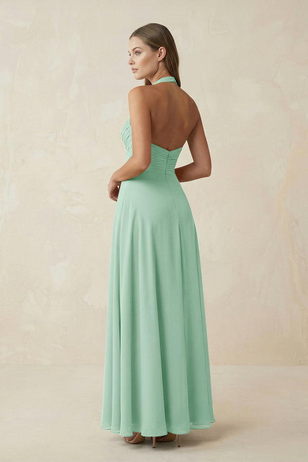 Pale Pistachio A-Line Pleated Chiffon V-Neck Bridesmaid Dress (2) | KISSBRIDAL