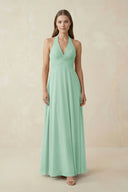 Pale Pistachio A-Line Pleated Chiffon V-Neck Bridesmaid Dress | KISSBRIDAL