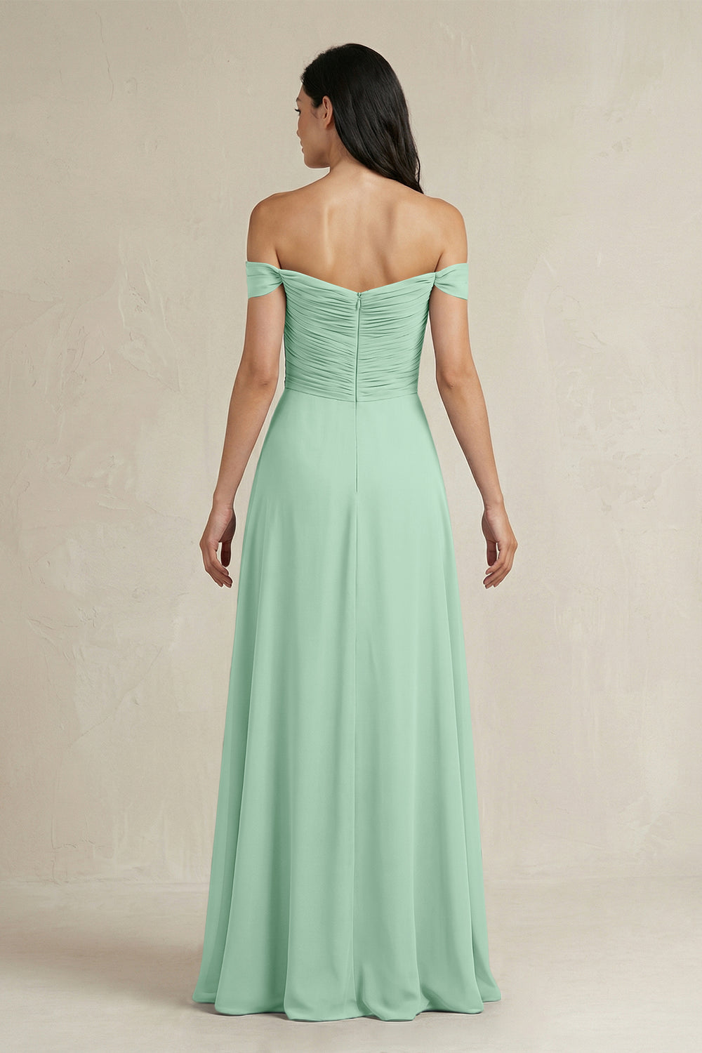 A-Line Pleated Off-the-Shoulder Chiffon Bridesmaid Dress in Pale Pistachio