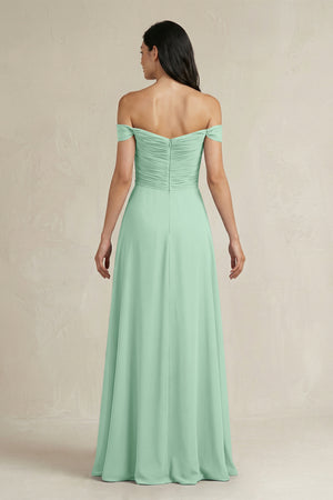 Pale Pistachio A-Line Pleated Off-the-Shoulder Chiffon Bridesmaid Dress (2) | KISSBRIDAL