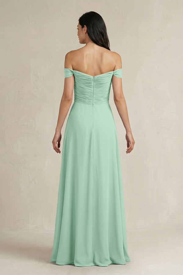 Pale Pistachio A-Line Pleated Off-the-Shoulder Chiffon Bridesmaid Dress (2) | KISSBRIDAL