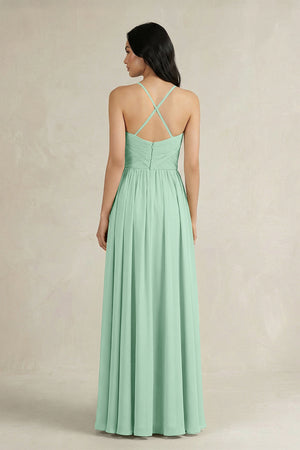 Pale Pistachio A-Line Pleated Spaghetti Strap Chiffon Bridesmaid Dress (2) | KISSBRIDAL