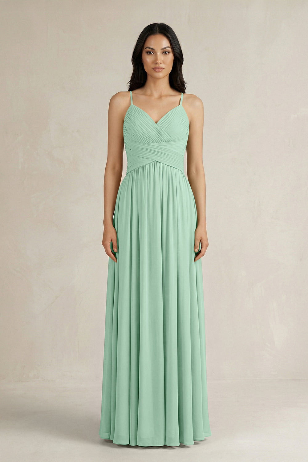 A-Line Pleated Spaghetti Strap Chiffon Bridesmaid Dress in Pale Pistachio