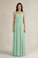 Pale Pistachio A-Line Pleated Spaghetti Strap Chiffon Bridesmaid Dress | KISSBRIDAL