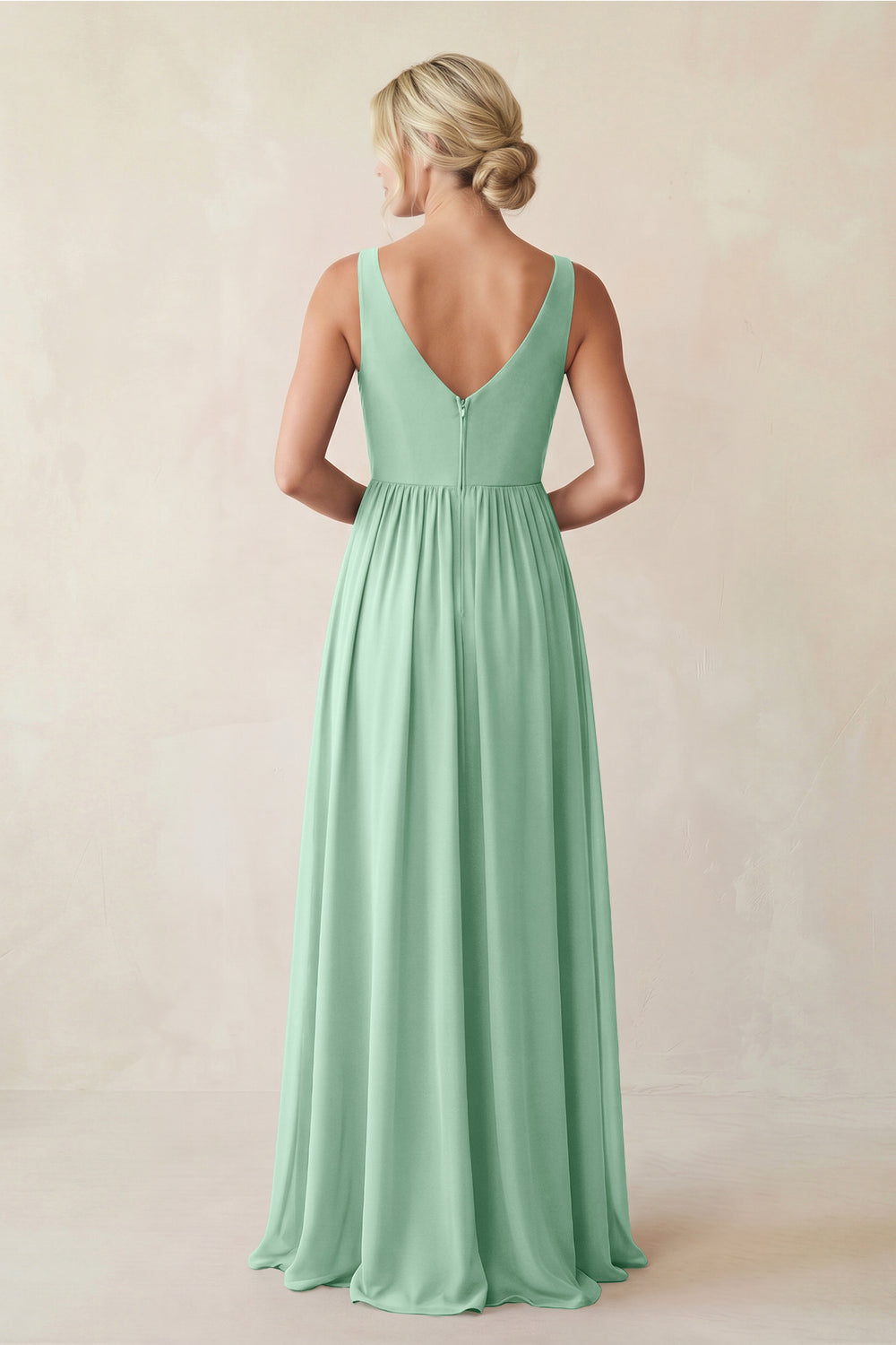 A-Line V-Neck Pleated Chiffon Bridesmaid Dress in Pale Pistachio