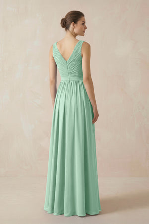Pale Pistachio A-Line V-Neck Pleated Chiffon Bridesmaid Dress (2) | KISSBRIDAL