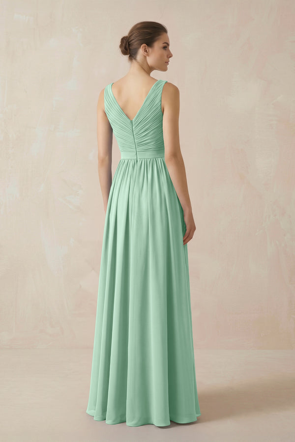 Pale Pistachio A-Line V-Neck Pleated Chiffon Bridesmaid Dress (2) | KISSBRIDAL