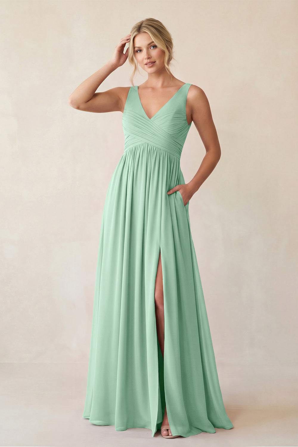 A-Line V-Neck Pleated Chiffon Bridesmaid Dress in Pale Pistachio