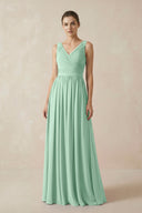 Pale Pistachio A-Line V-Neck Pleated Chiffon Bridesmaid Dress | KISSBRIDAL