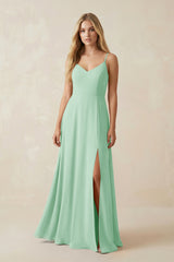 Pale Pistachio Cami Strap A-Line Chiffon Bridesmaid Dress with Slit | KISSBRIDAL