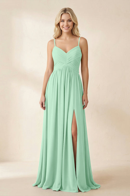Pale Pistachio Cami Strap Chiffon A-Line Bridesmaid Dress with Slit | KISSBRIDAL