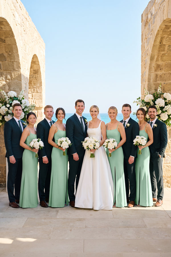 Pale Pistachio Cami Strap Chiffon Sheath Bridesmaid Gown | KISSBRIDAL
