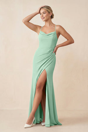 Pale Pistachio Cami Strap Sheath Ruched Bridesmaid Dress With Slit | KISSBRIDAL