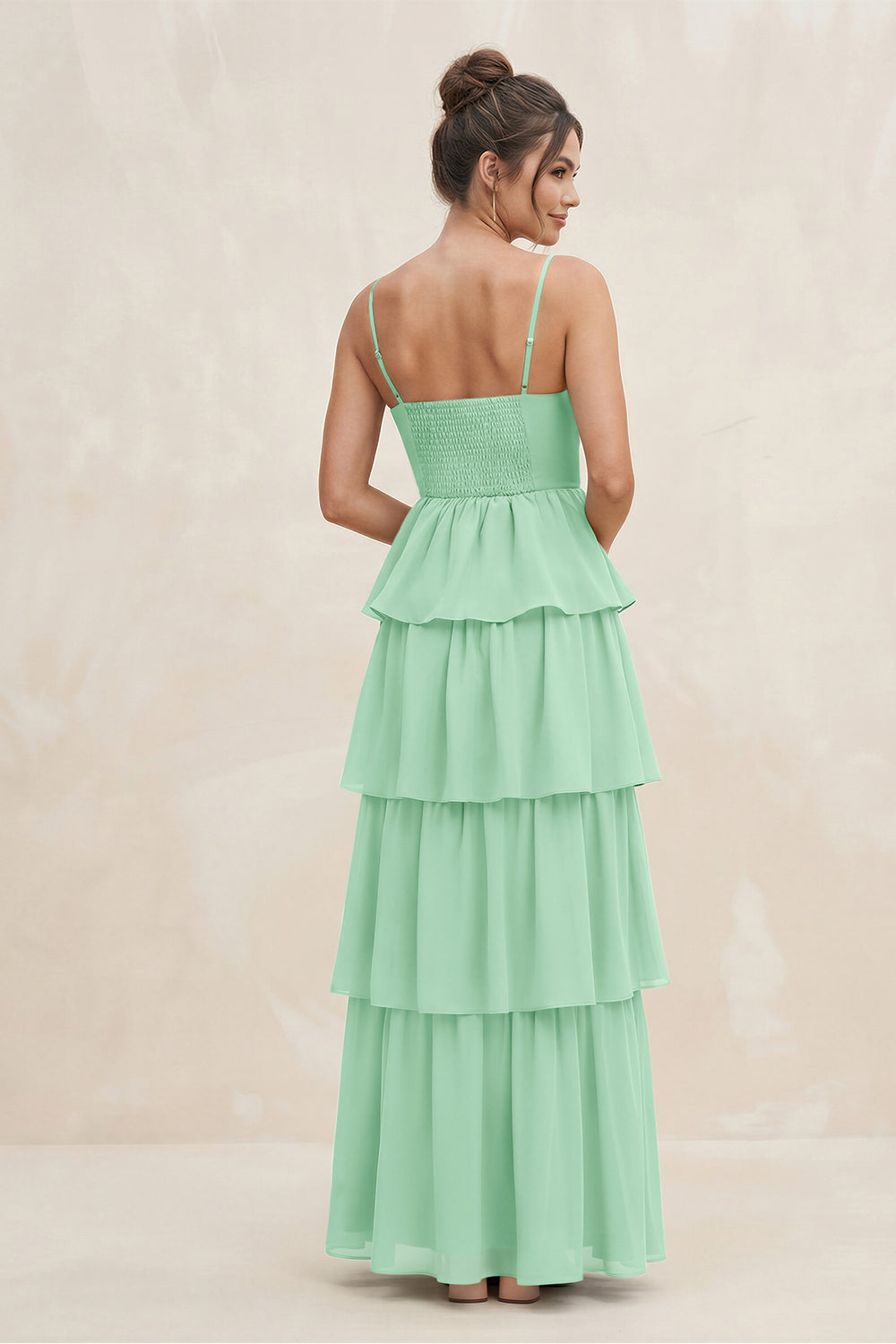 Cami Strap Tiered A-Line Chiffon Bridesmaid Dress in Pale Pistachio