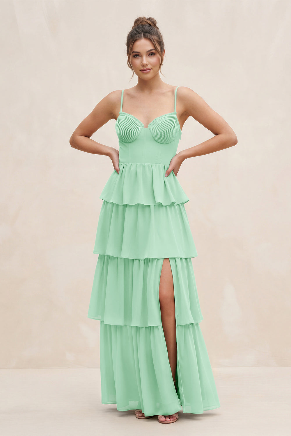 Cami Strap Tiered A-Line Chiffon Bridesmaid Dress in Pale Pistachio