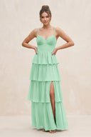 Pale Pistachio Cami Strap Tiered A-Line Chiffon Bridesmaid Dress | KISSBRIDAL