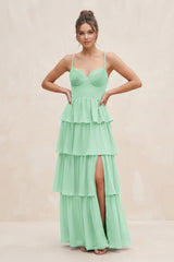 Pale Pistachio Cami Strap Tiered A-Line Chiffon Bridesmaid Dress | KISSBRIDAL
