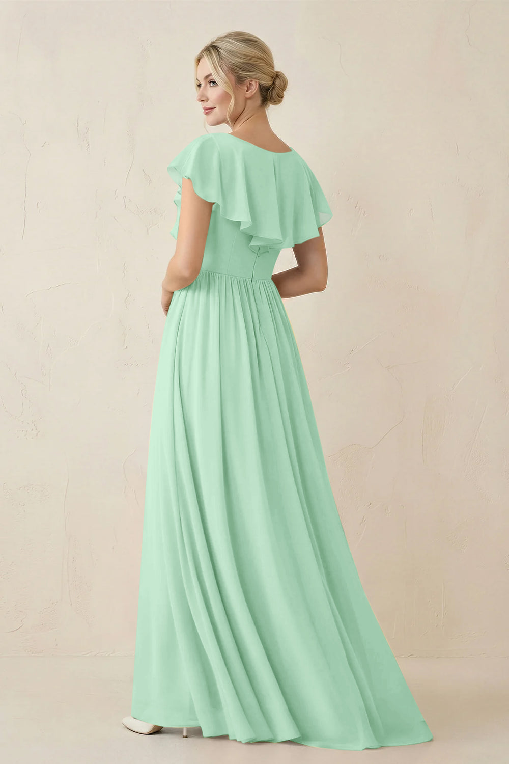 Cap Sleeve A-Line Ruffled Chiffon Bridesmaid Dress in Pale Pistachio