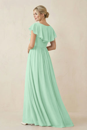 Pale Pistachio Cap Sleeve A-Line Ruffled Chiffon Bridesmaid Dress (2) | KISSBRIDAL